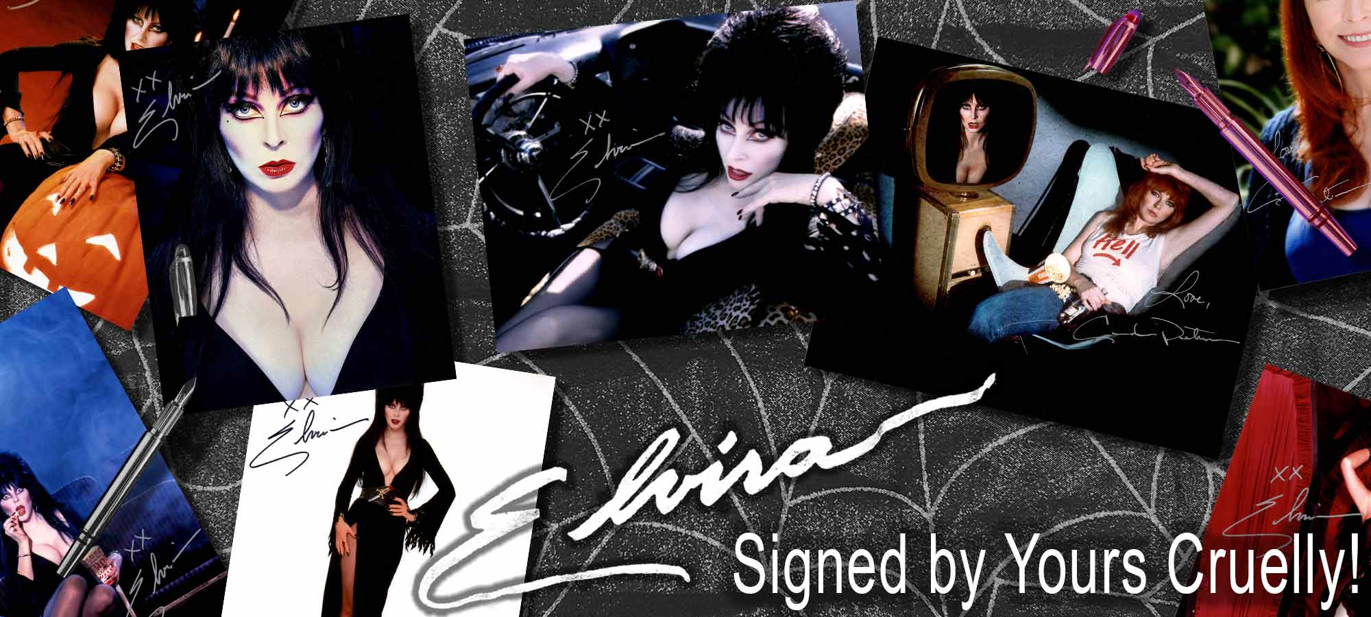 Collage of Elvira with signature and text 'Signed by Yours Cruelly' on a dark background.
