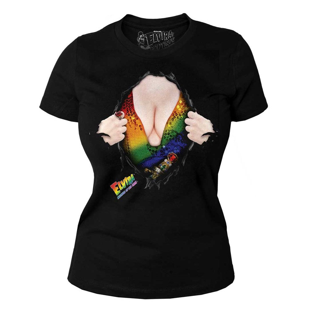 Elvira Chest Burst Rainbow Womens Tee