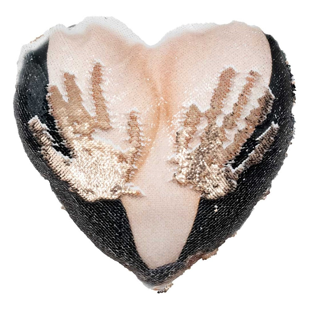 Elvira Chest Logo Heart Shaped Champagne Sequin Pillow