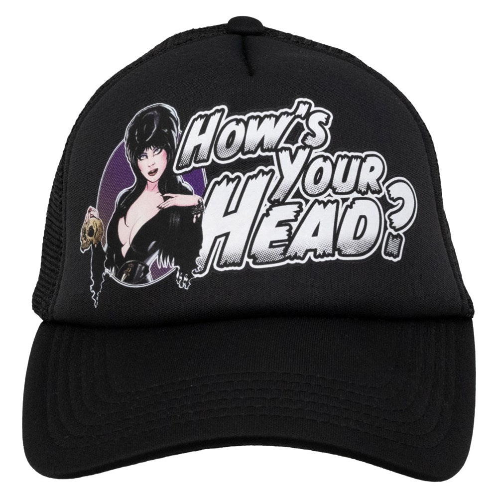 Elvira How's Your Head Comic Slogan Black Trucker Hat