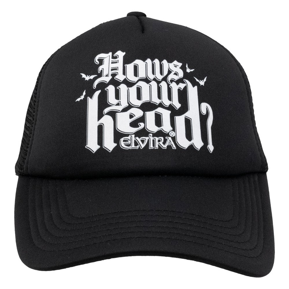 Elvira How's Your Head White Slogan Black Trucker Hat