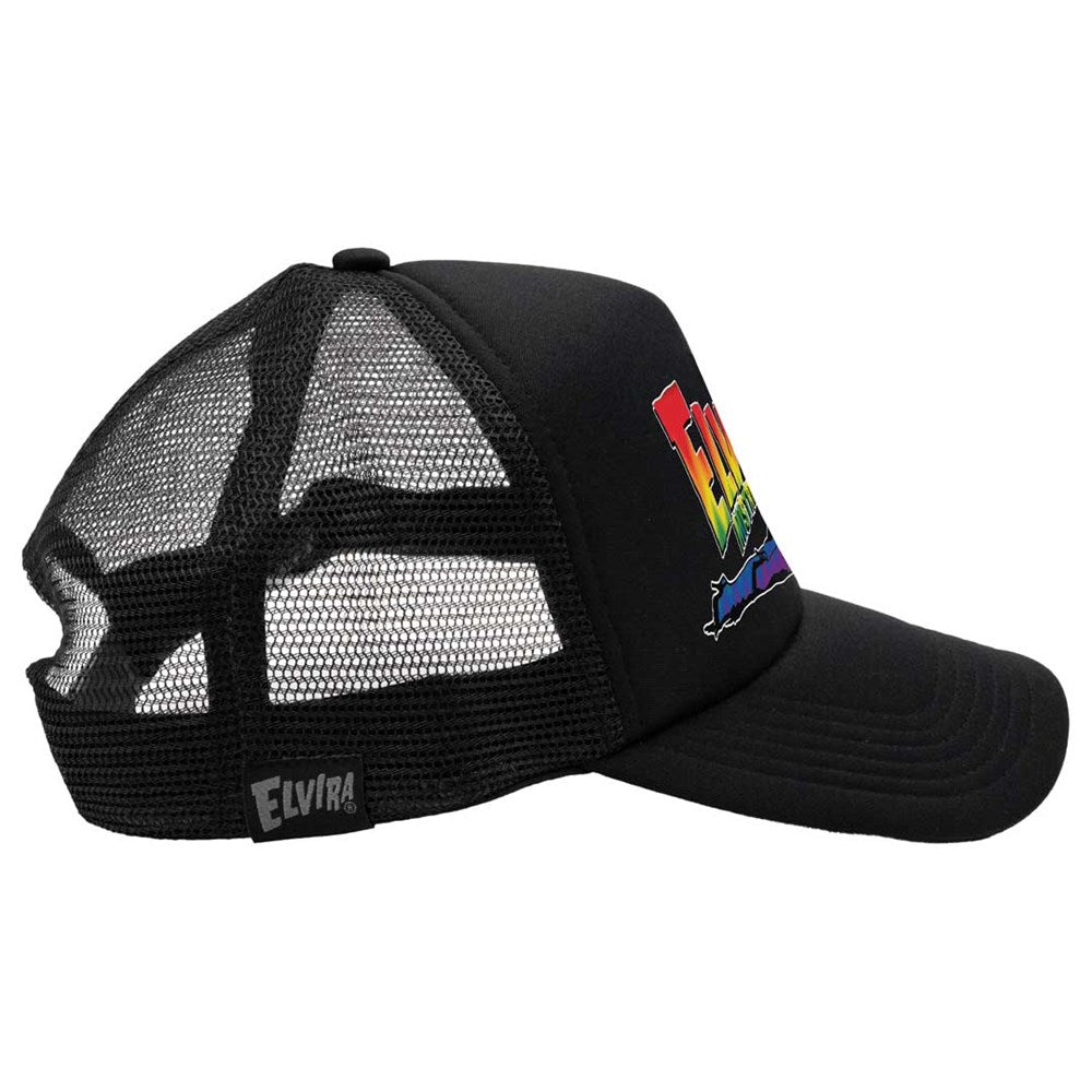 Elvira Lay Down Rainbow Black Trucker Hat