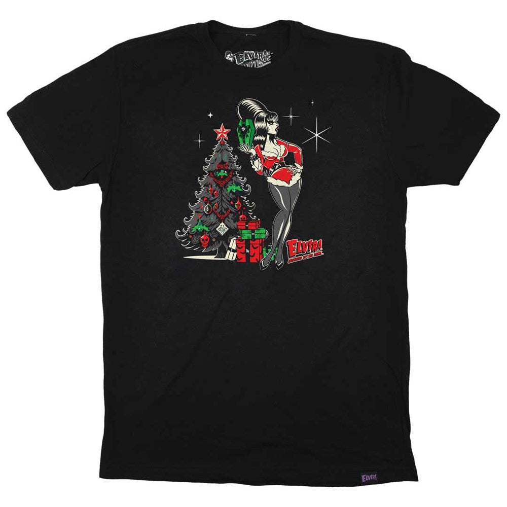 Elvira Retro Xmas Tree Mens Black T-shirt