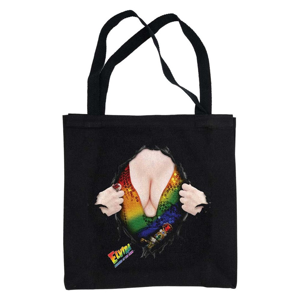 Elvira Chest Burst Rainbow Black Canvas Tote Bag