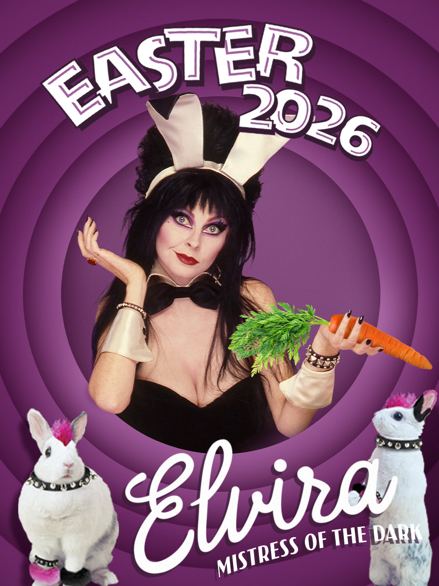 Elvira, Mistress of the Dark, with Easter bunny ears and carrots on a purple spiral background. Text reads, "Easter 2026 Elvira Mistress of the Dark"