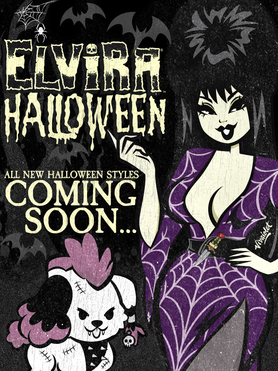 Elvira Halloween "all new Halloween styles coming soon" with Gonk and Elvira with a bat and spiderweb background