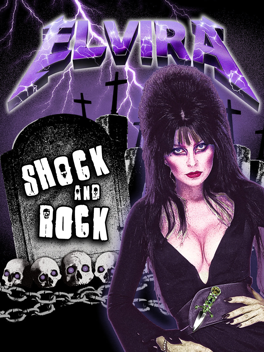 Elvira Shock and Rock in purple lightning font