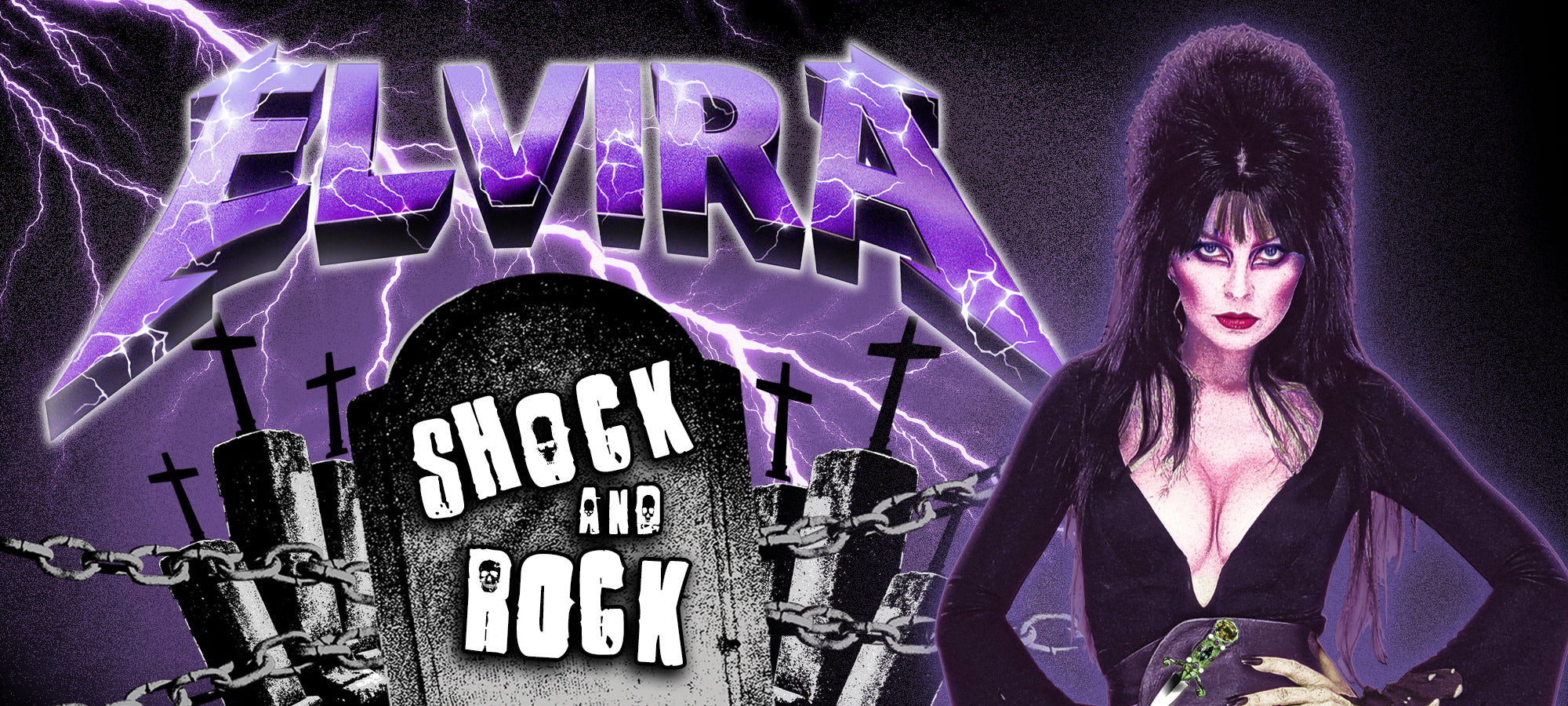 Elvira Shock and Rock in purple lightning font