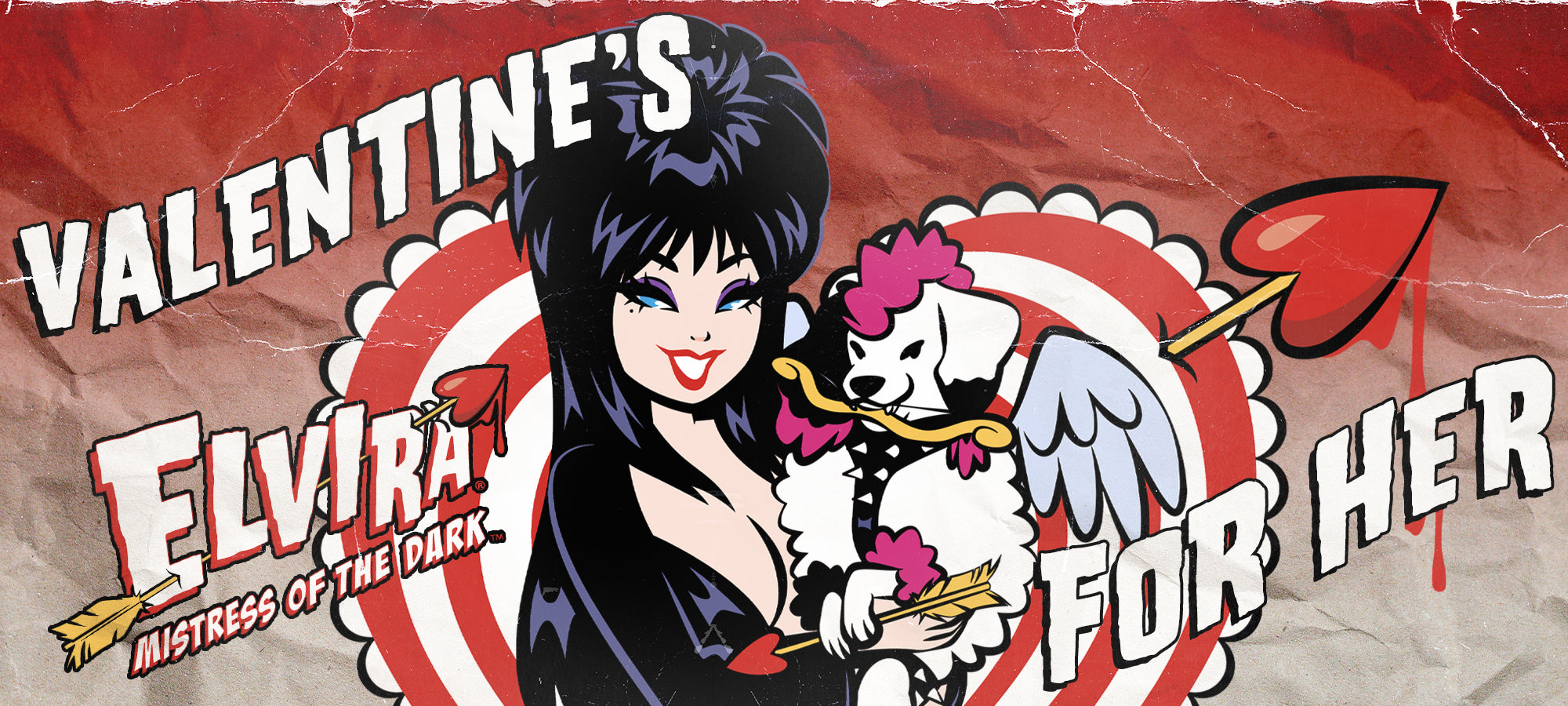 Valentine's Day promo with Elvira and Cupid Gonk on a red background