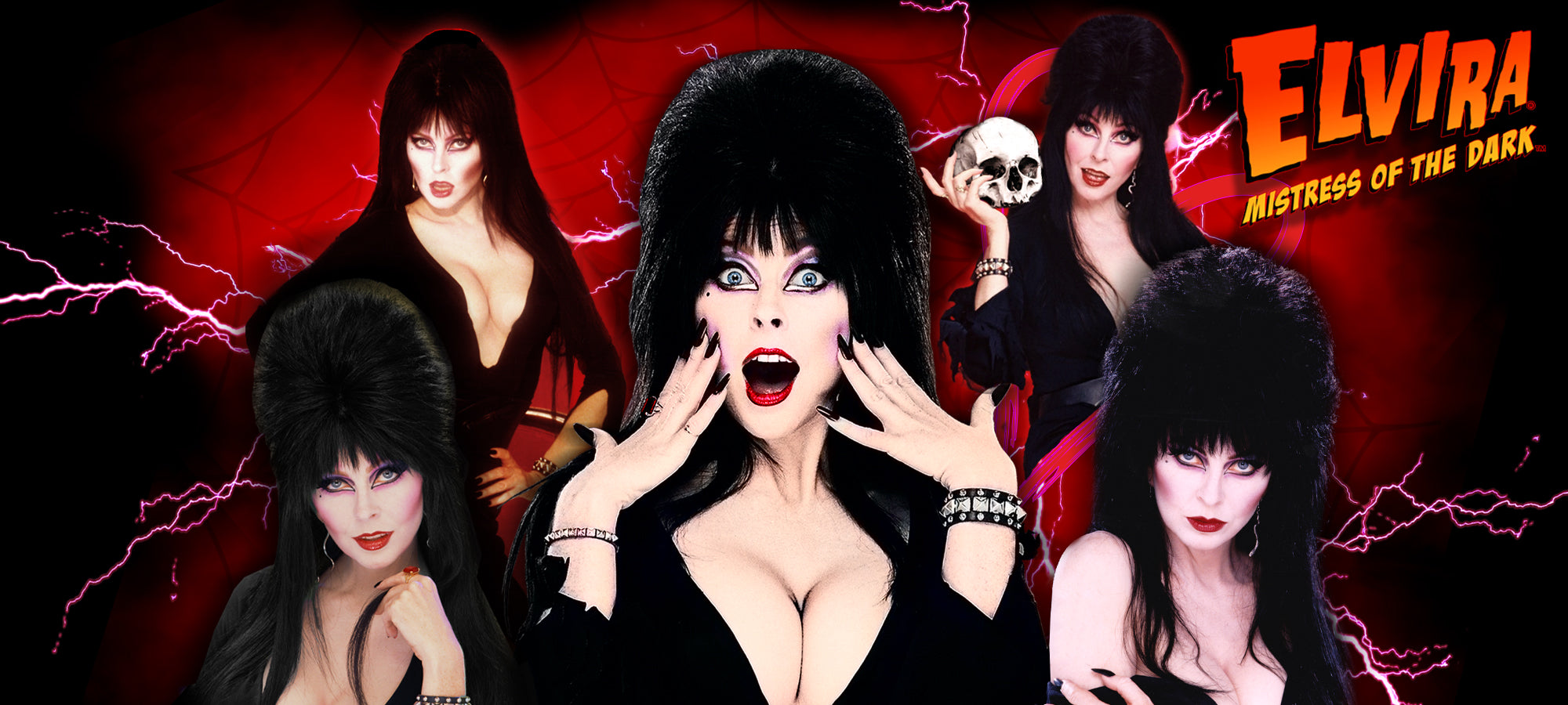 Elvira, Mistress of the Dark, with a red background and lightning effects.