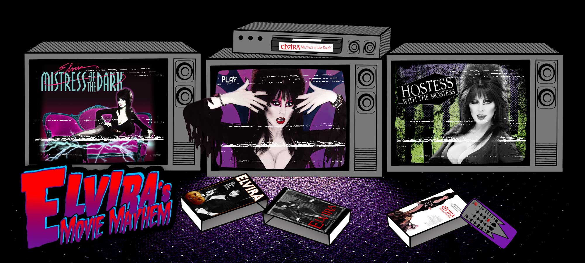 Vintage television set displaying Elvira with books and remote control on a dark background promoting movie merch.
