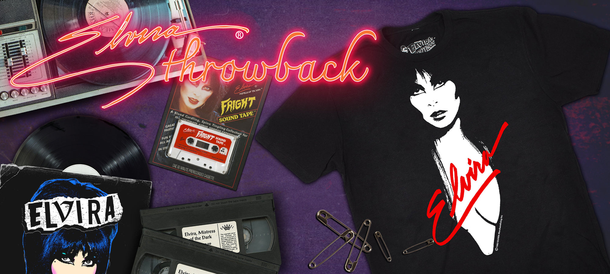 Elvira-themed vintage designed merchandise including a t-shirt, vinyl record, and cassette tape on a purple background with neon text.