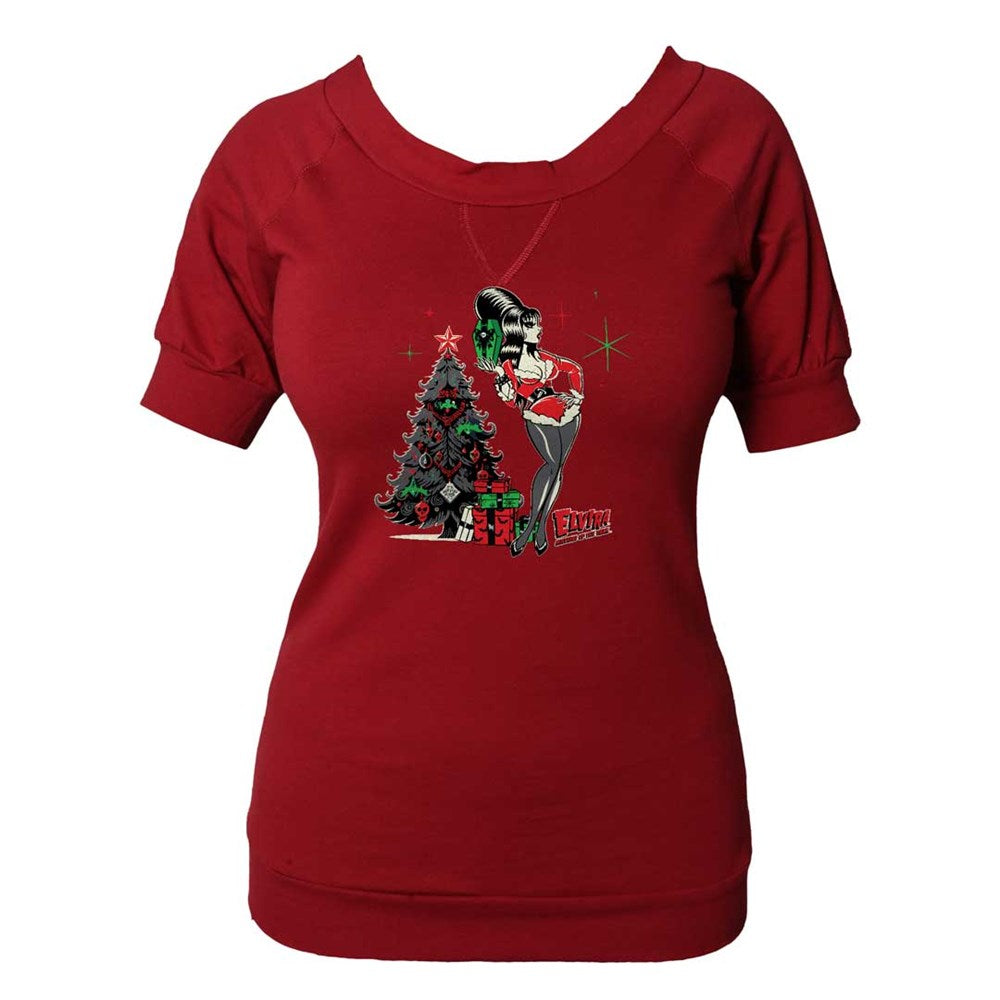 Elvira Retro Xmas Tree Red Shoulder Tee