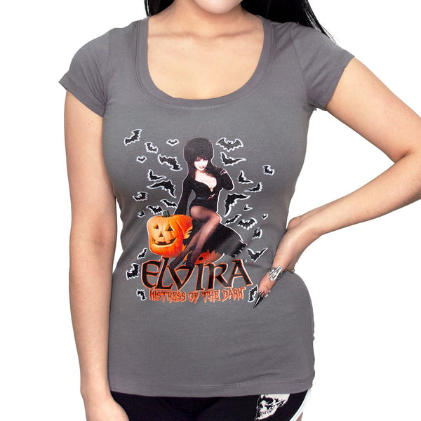 Elvira Harvest Bats Grey Scoop Neck Tee