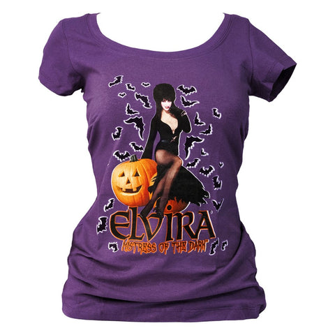 Elvira Harvest Bats Purple Scoop Neck Tee