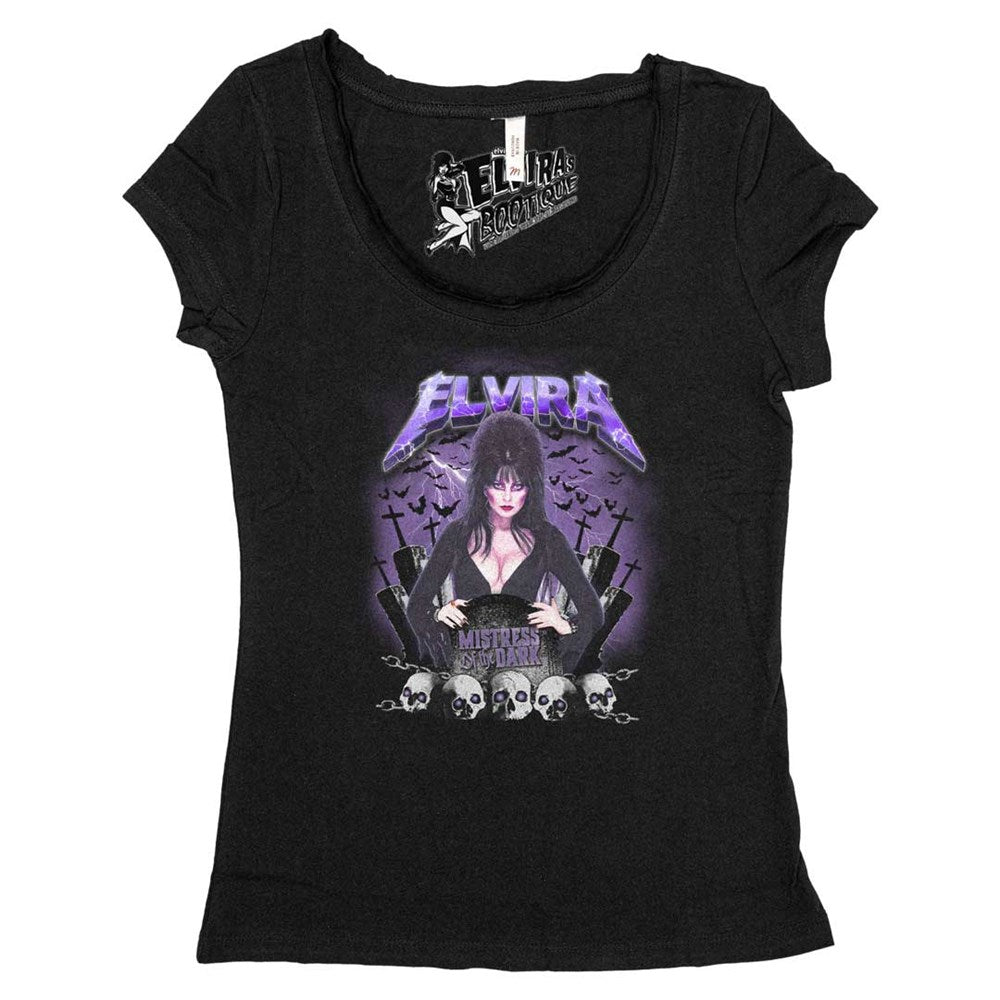 Elvira Ride The Bats Raw Edge Black Scoop Neck Tee