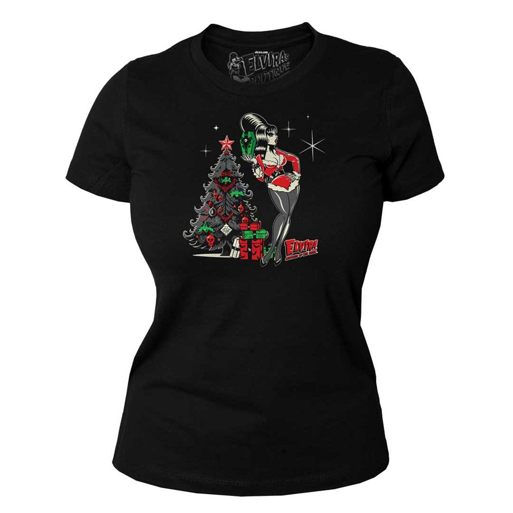 Elvira Retro Xmas Tree Black Womens Tee