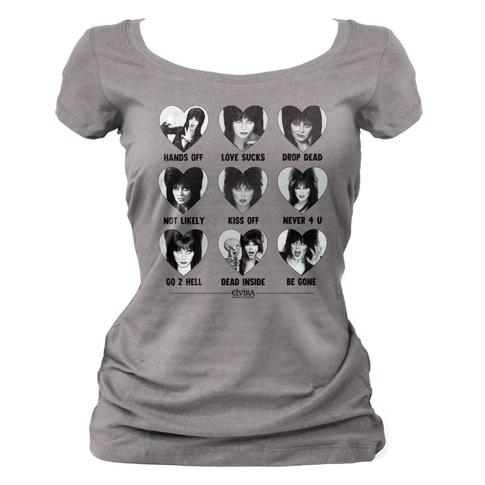 Elvira Wicked Hearts Repeat Scoop Neck Grey Tee