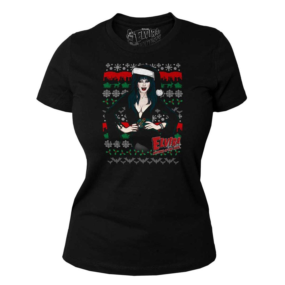 Elvira Wink Xmas Sweater Black Womens Tee