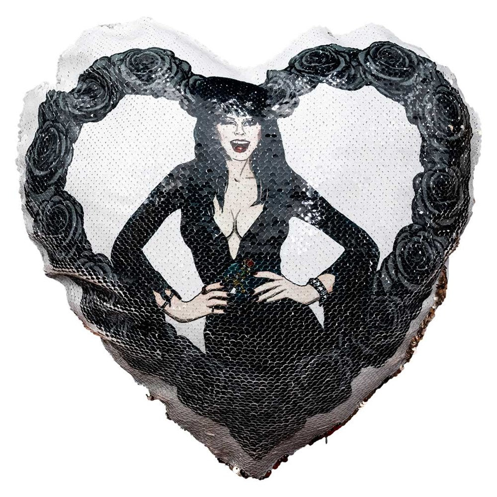 Elvira Black Heart Love Heart Shaped Champagne  Sequin Pillow