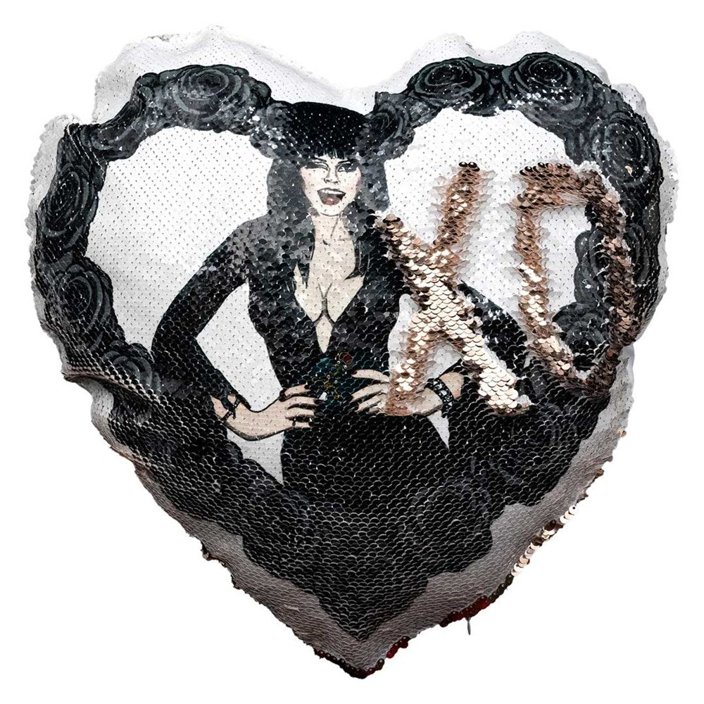Elvira Black Heart Love Heart Shaped Champagne  Sequin Pillow