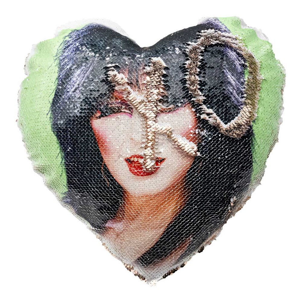 Elvira Heart Green Wink Heart Shaped Champagne Sequin Pillow