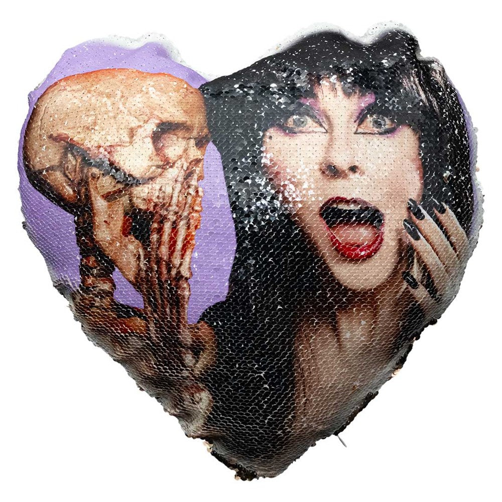 Elvira Heart Purple Skeleton Heart Shaped Champagne Sequin Pillow