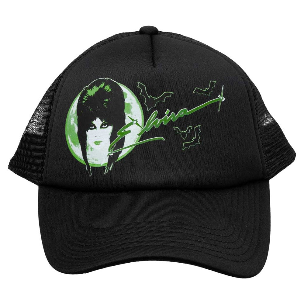 Elvira 80s Moon Green Black Trucker Hat