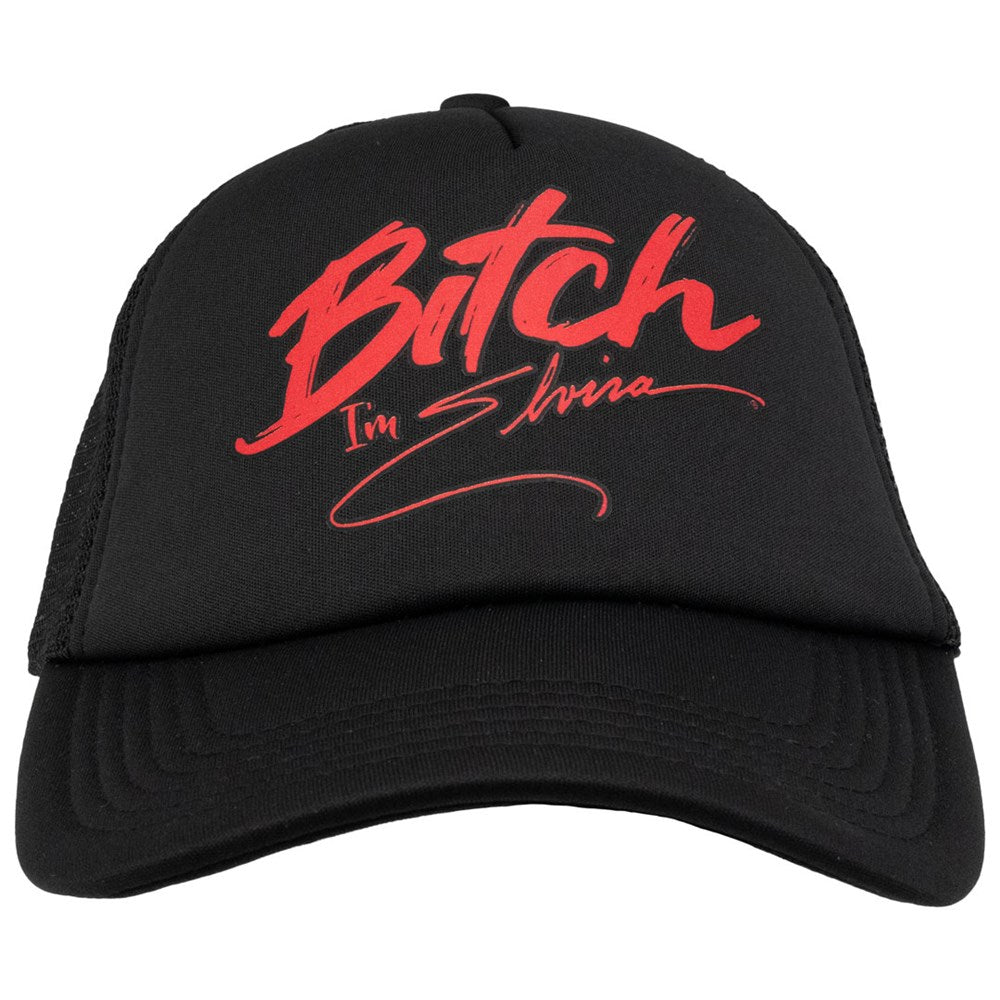 Bitch I'm Elvira Red Slogan Black Trucker Hat