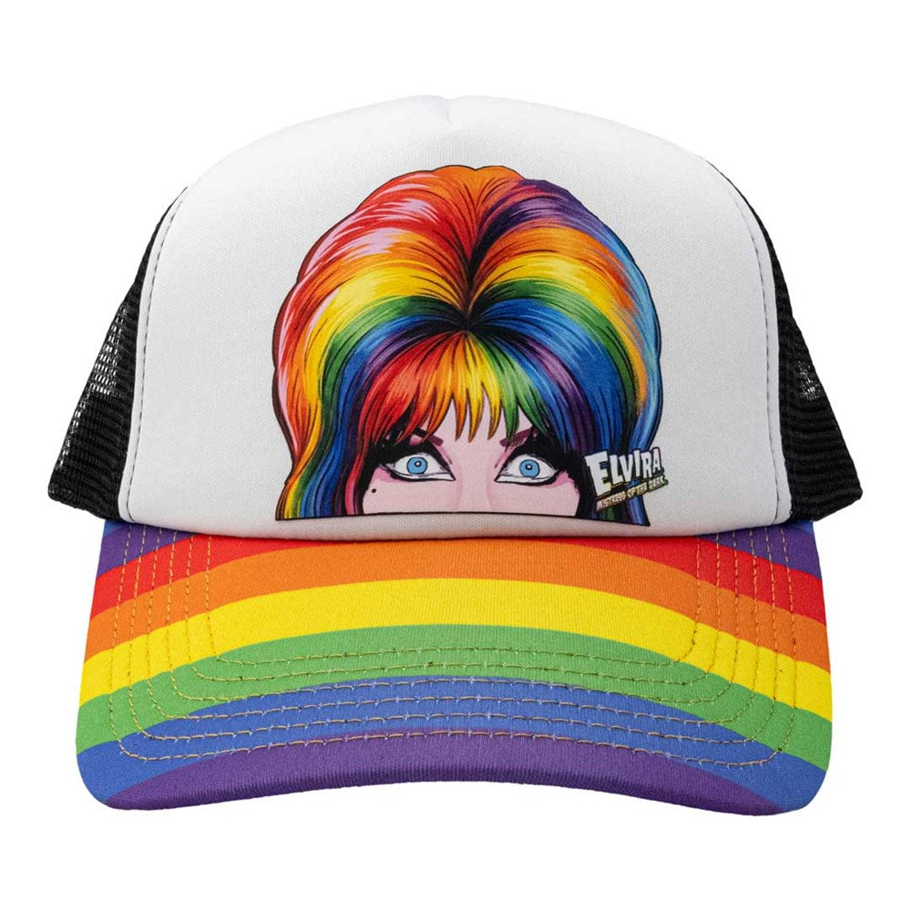 Elvira Peeker Rainbow White Trucker Hat