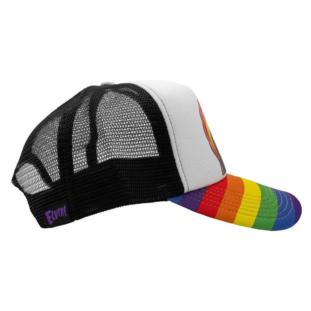 Elvira Peeker Rainbow White Trucker Hat