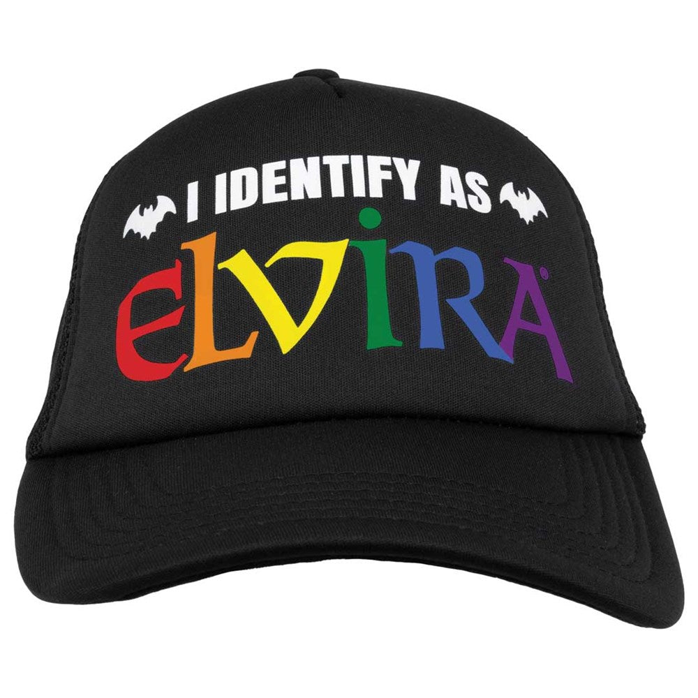 I Identify As Elvira Rainbow Slogan Black Trucker Hat