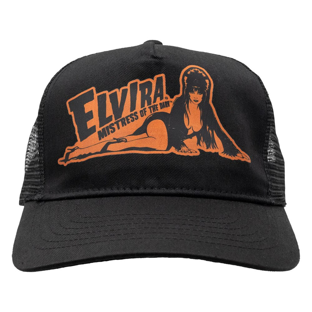 Elvira Orange Lay Down Black Trucker Hat