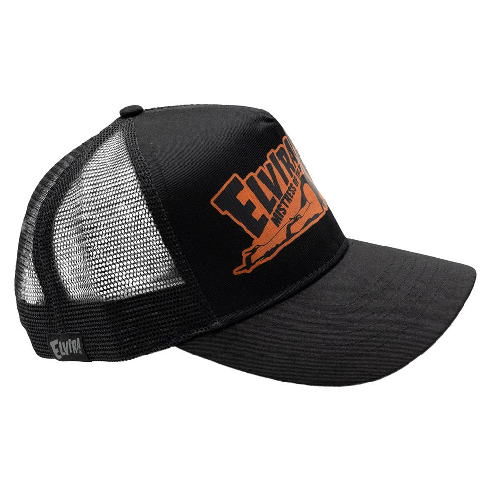 Elvira Orange Lay Down Black Trucker Hat
