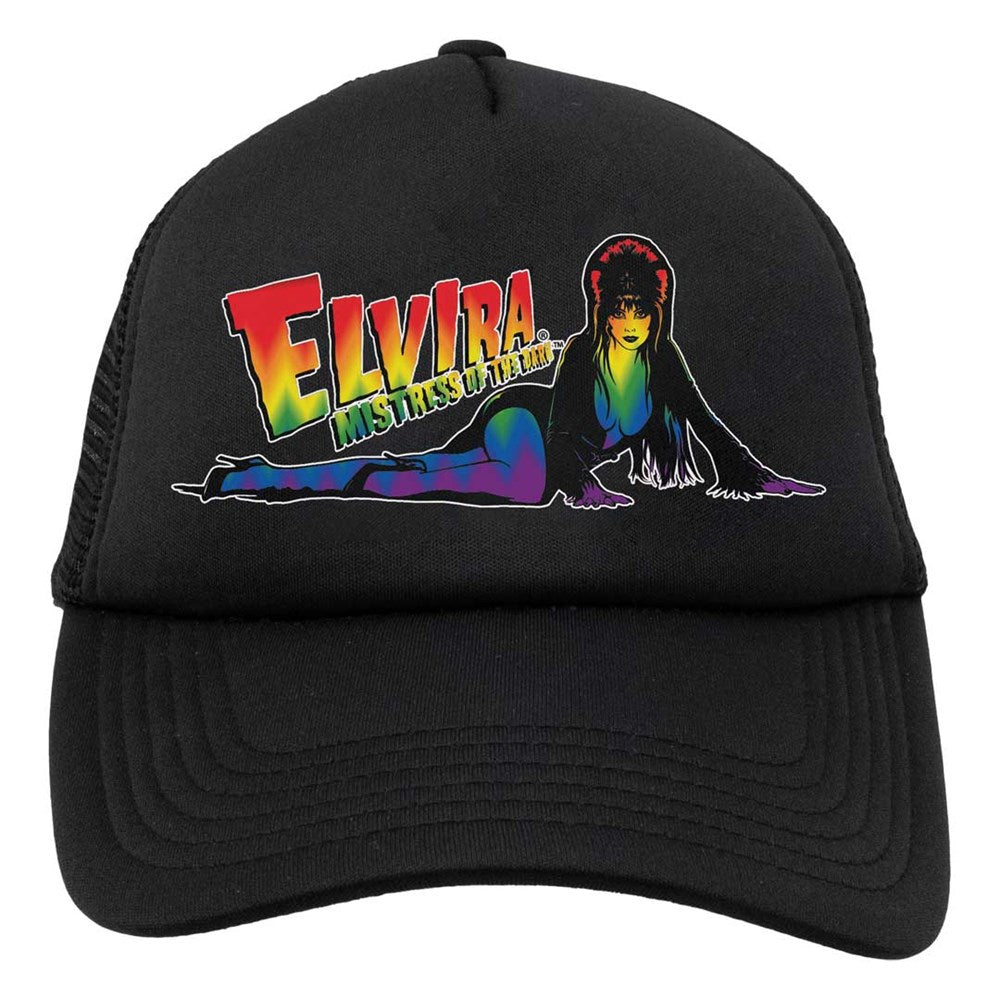 Elvira Lay Down Rainbow Black Trucker Hat