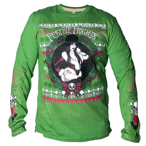 Elvira Festive Frights Xmas Sweater Print Green Long Sleeve Shirt