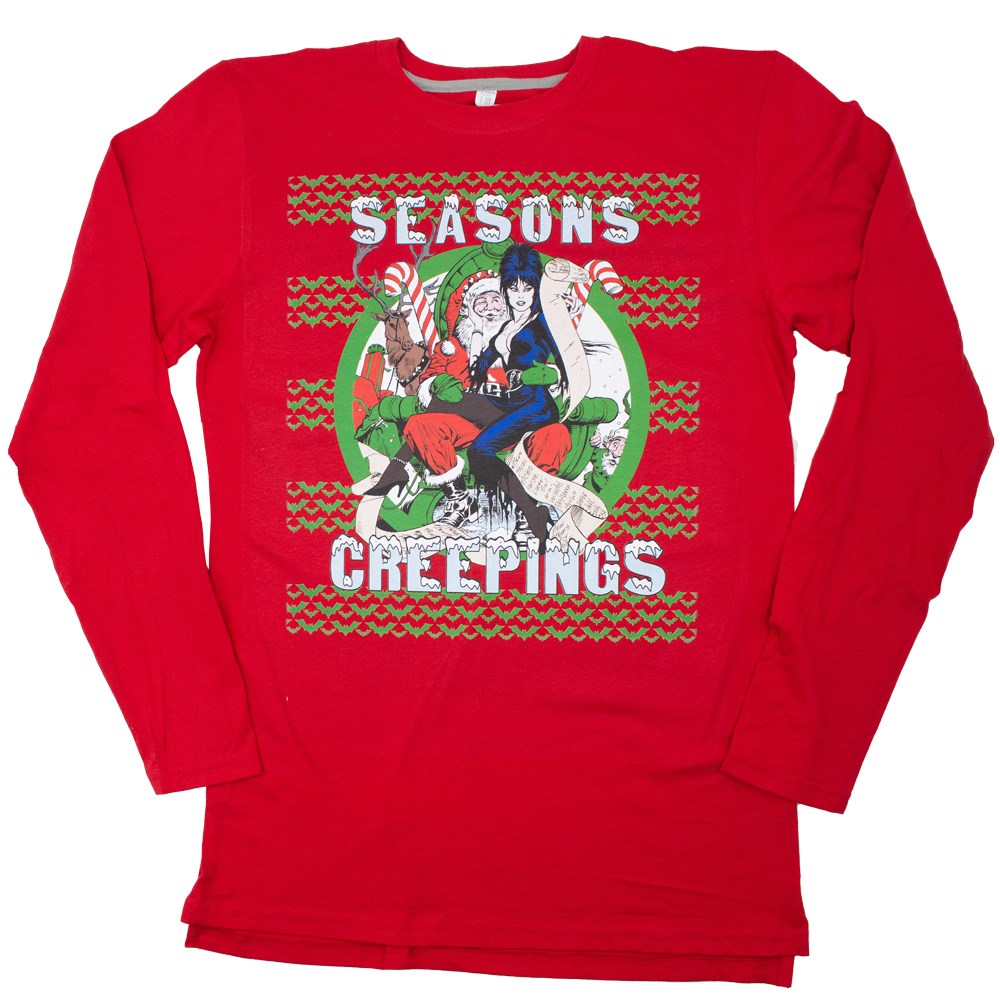 Elvira Seasons Creepings Comic  Xmas Sweater Print Red Long Sleeve  Shirt