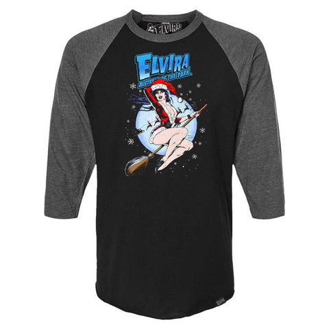 Elvira Xmas Comic Witch 3/4 Sleeve Raglan Charcoal Shirt