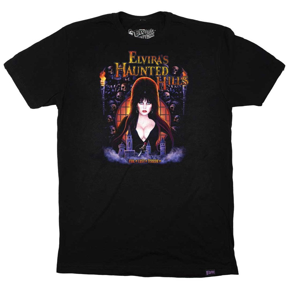 Elvira Haunted Hills Skulls Mens Black T-Shirt