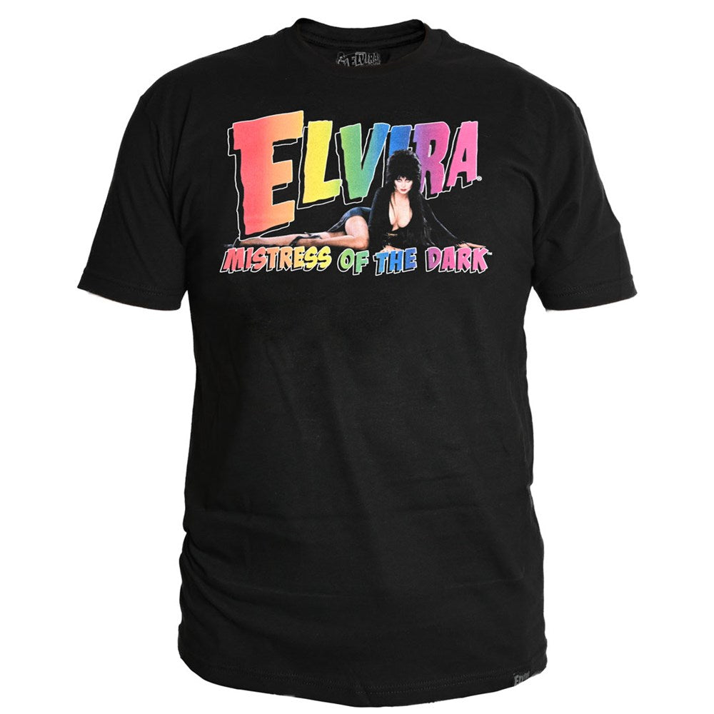 Elvira Rainbow Logo Lay Down Mens Black Tshirt