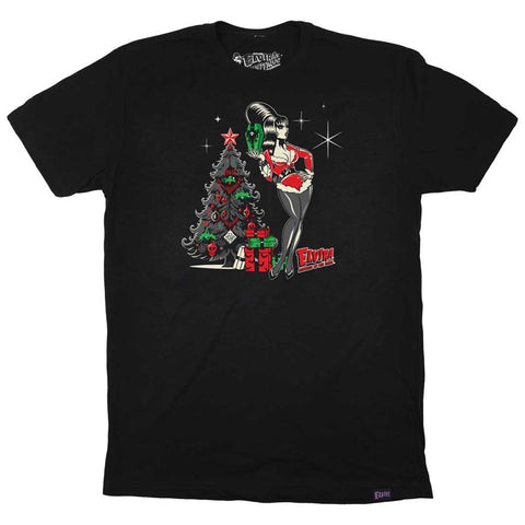 Elvira Retro Xmas Tree Mens Black T-shirt