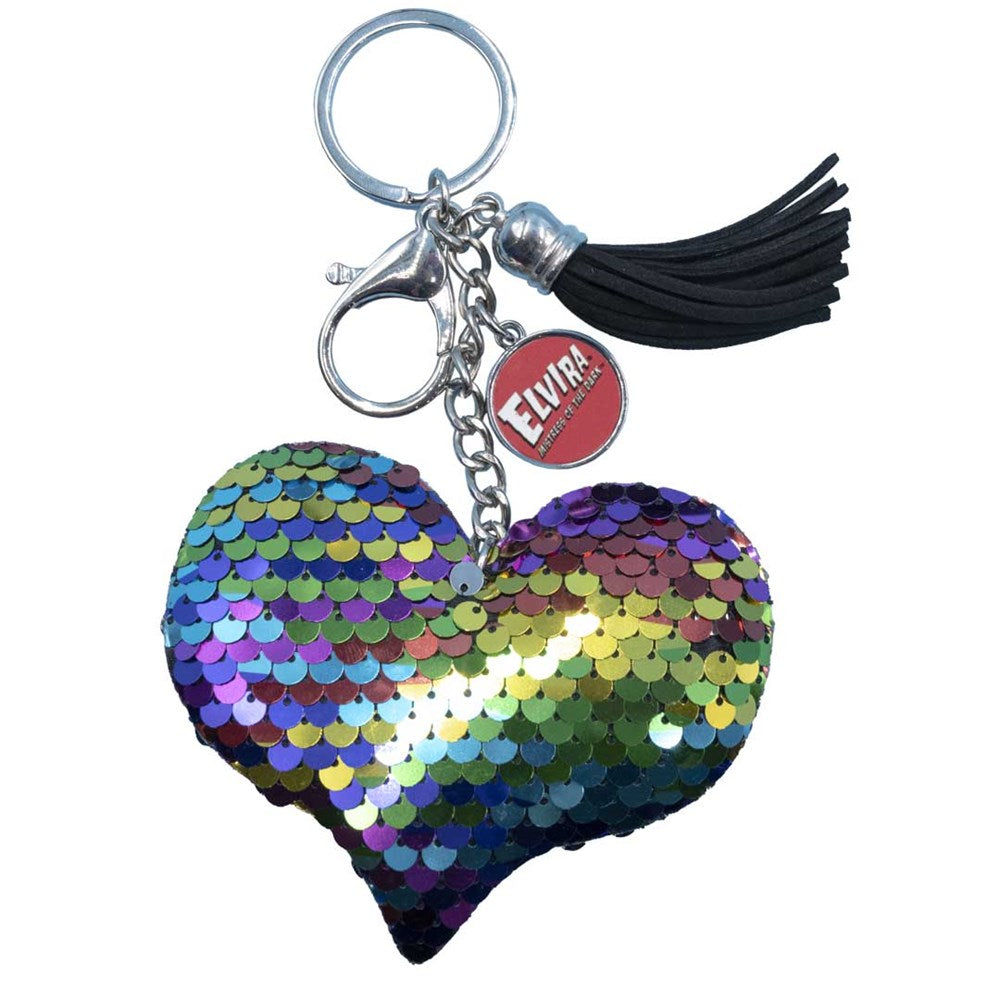 Elvira Sequin Rainbow Heart Red Logo Keychain
