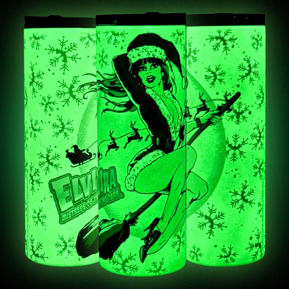 Elvira Xmas Comic Witch GLOW Skinny Tumbler