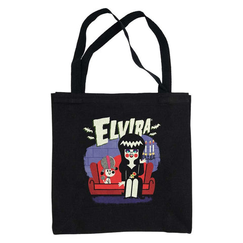 Elvira And Gonk Couch Black Canvas Tote Bag