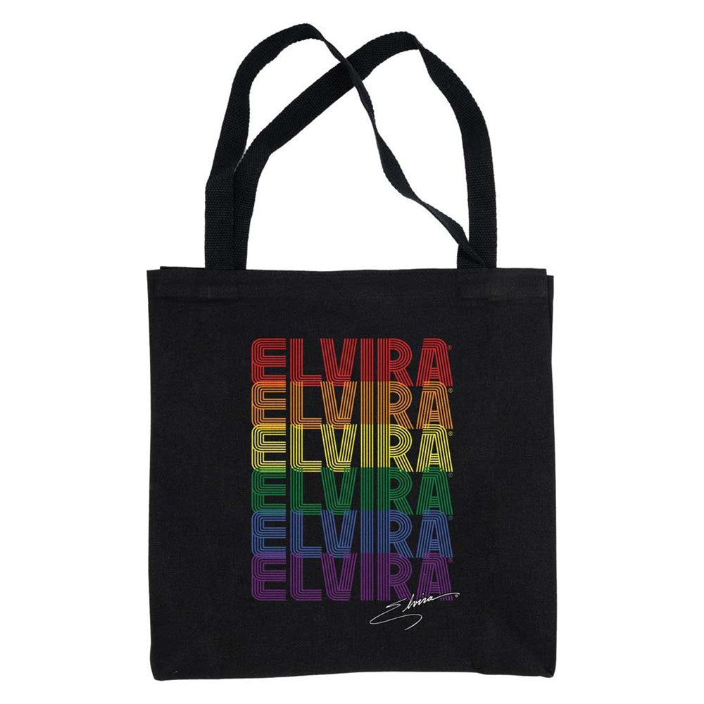 Elvira Rainbow Text Repeat Black Canvas Tote Bag