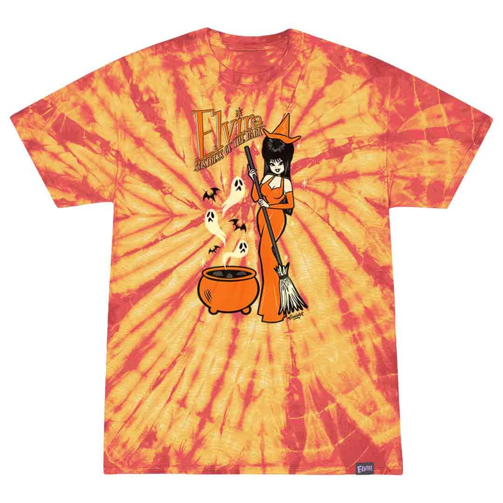 Elvira Viva Vintage Witch Cauldron Tie Dye Orange T-shirt