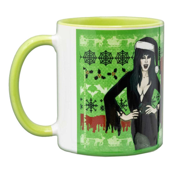 Elvira Wink Xmas Sweater Green Rimmed Mug