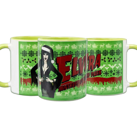 Elvira Wink Xmas Sweater Green Rimmed Mug