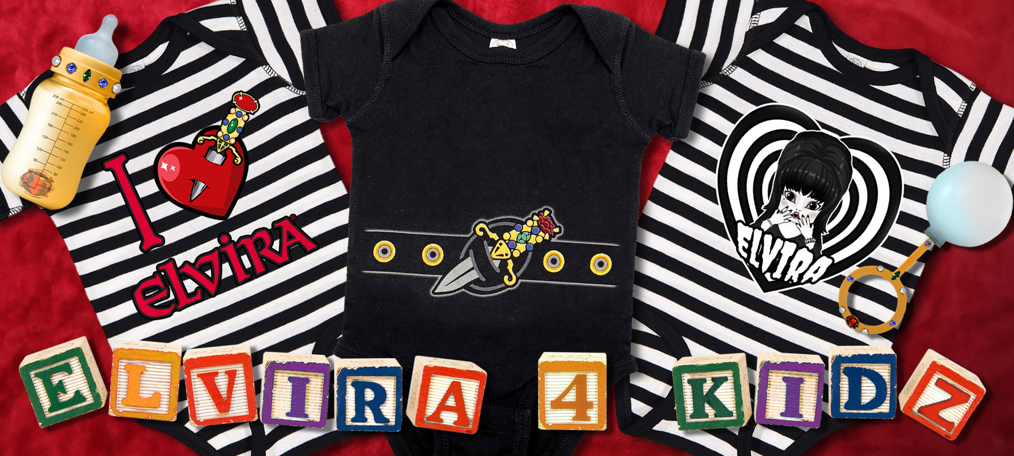 Black baby onesie with a colorful design on a red background with baby items and alphabet blocks for Elvira's Kids Collection.