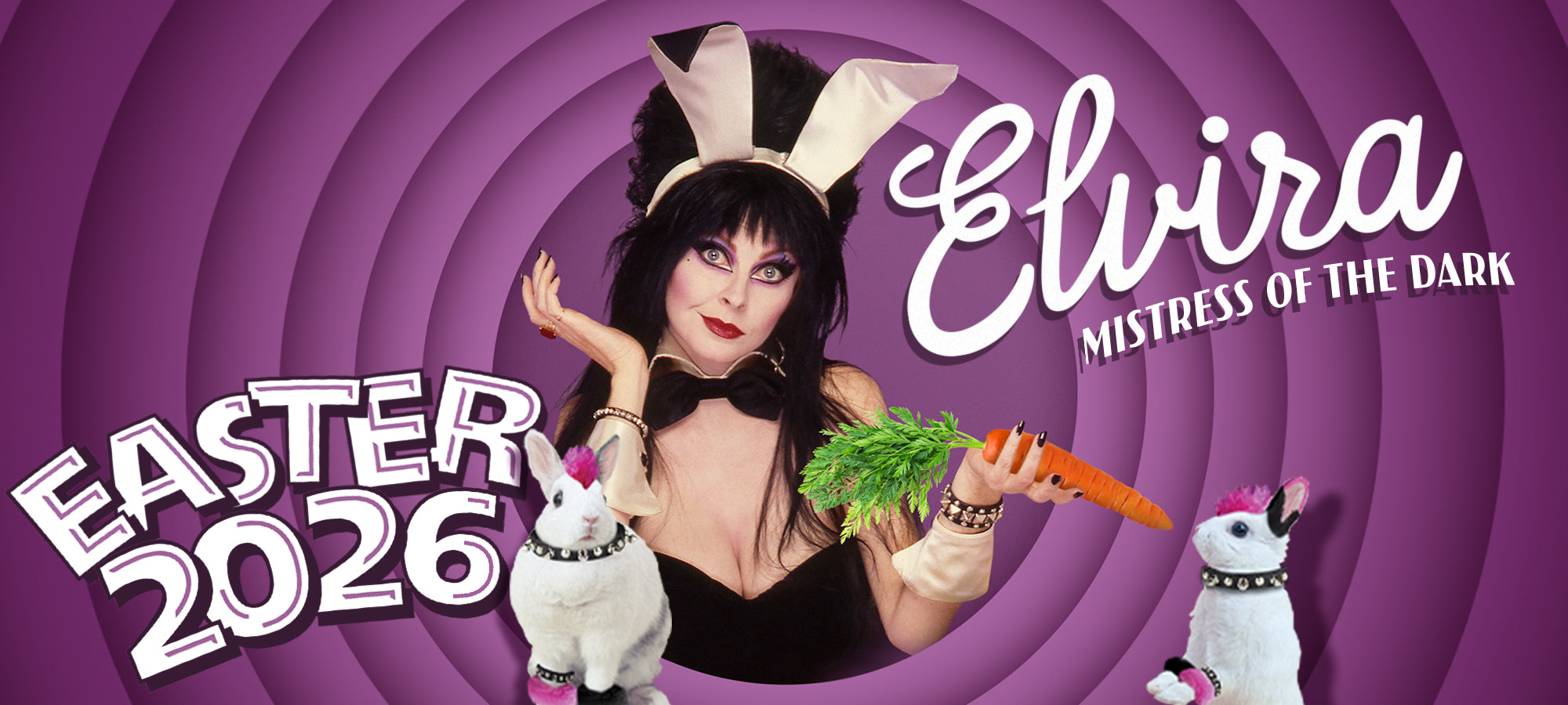 Elvira, Mistress of the Dark, with Easter bunny ears and carrots on a purple spiral background. Text reads, "Easter 2026 Elvira Mistress of the Dark"